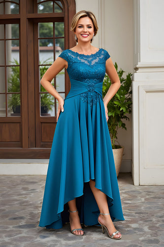 Peacock Blue Chiffon A Line Asymmetrical Mother of the Bride Dress with Lace