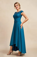 Load image into Gallery viewer, Peacock Blue Chiffon A Line Asymmetrical Mother of the Bride Dress with Lace