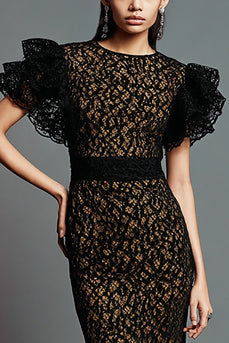 Black Mermaid Jewel Neck Lace Ruffled Long Formal Dress