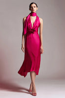 Load image into Gallery viewer, Fuchsia Floral Satin Neck Scarf Sheath Midi Formal Dress
