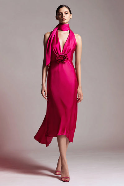 Fuchsia Floral Satin Neck Scarf Sheath Midi Formal Dress