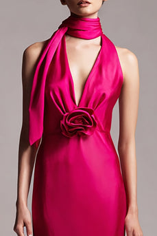 Fuchsia Floral Satin Neck Scarf Sheath Midi Formal Dress