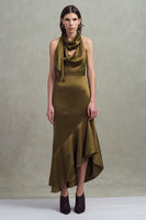Load image into Gallery viewer, Olive Sheath Satin Neck Scarf Asymmetrical Formal Dress with Ruffles