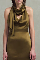 Load image into Gallery viewer, Olive Sheath Satin Neck Scarf Asymmetrical Formal Dress with Ruffles