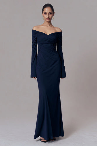 Simple Navy Ruched Mermaid Long Sleeves Formal Dress