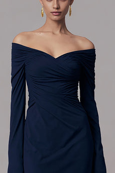 Simple Navy Ruched Mermaid Long Sleeves Formal Dress