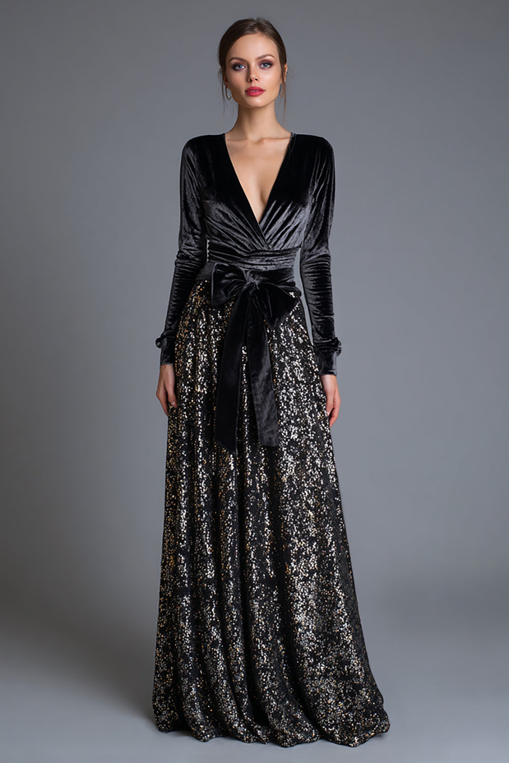 Sparkly Black Long Sleeves Sequins Holiday Party Dress with Bow
