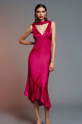 Fuchsia Neck Scarf Satin Asymmetrical Formal Dress with Ruffles
