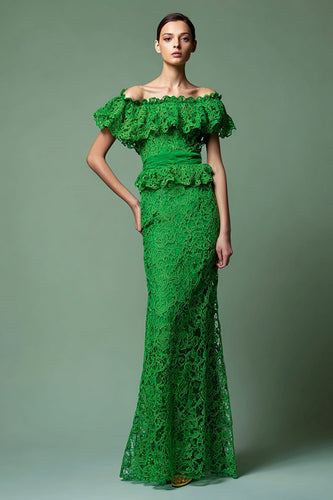 Green Mermaid Off the Shoulder Lace Long Formal Dress with Ruffles