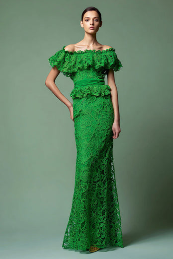 Green Mermaid Off the Shoulder Lace Long Formal Dress with Ruffles
