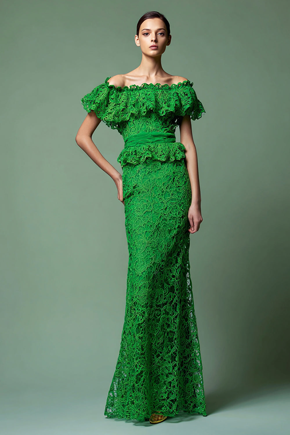 Green Mermaid Off the Shoulder Lace Long Formal Dress with Ruffles