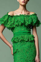 Load image into Gallery viewer, Green Mermaid Off the Shoulder Lace Long Formal Dress with Ruffles