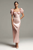 Load image into Gallery viewer, Pink Sheath Satin Puff Sleeves Long Formal Dress