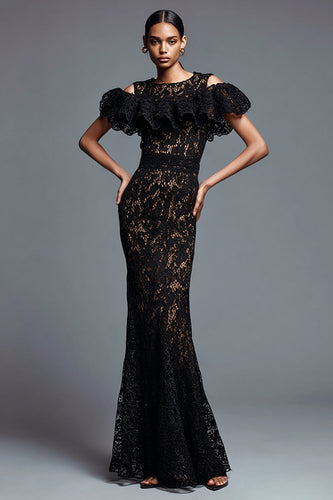 Black Mermaid Cold Shoulder Lace Long Formal Dress with Ruffles
