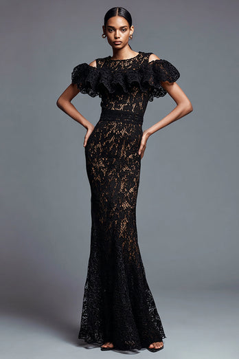 Black Mermaid Cold Shoulder Lace Long Formal Dress with Ruffles