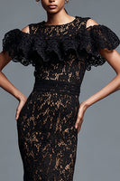 Load image into Gallery viewer, Black Mermaid Cold Shoulder Lace Long Formal Dress with Ruffles