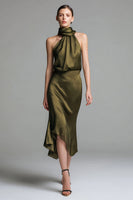 Load image into Gallery viewer, Olive Sheath Satin High Neck Asymmetrical Formal Dress