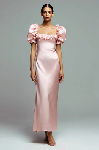 Pink Satin Sheath Puff Sleeves Long Formal Dress with Ruffles