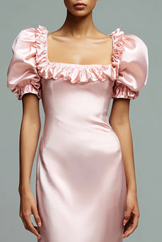 Pink Satin Sheath Puff Sleeves Long Formal Dress with Ruffles