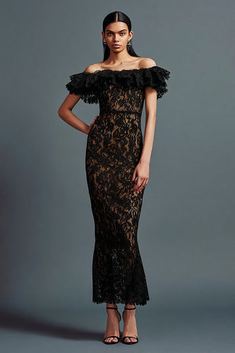 Black Mermaid Off the Shoulder Lace Long Formal Dress with Ruffles