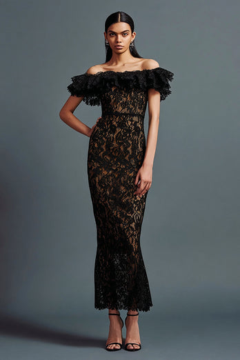 Black Mermaid Off the Shoulder Lace Long Formal Dress with Ruffles