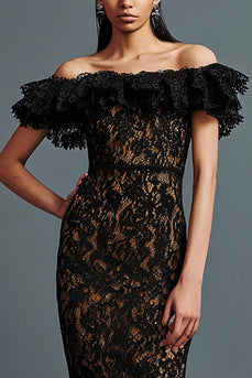 Black Mermaid Off the Shoulder Lace Long Formal Dress with Ruffles