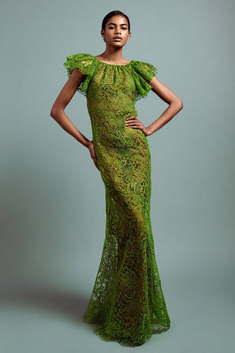 Green Mermaid Ruffled Lace Long Formal Dress