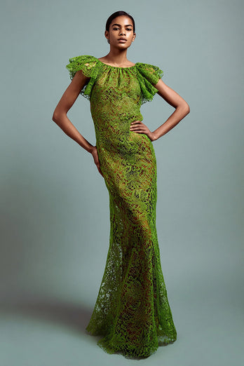 Green Mermaid Ruffled Lace Long Formal Dress
