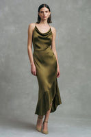 Load image into Gallery viewer, Olive Cowl Neck Satin Asymmetrical Formal Dress with Ruffles