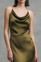 Load image into Gallery viewer, Olive Cowl Neck Satin Asymmetrical Formal Dress with Ruffles