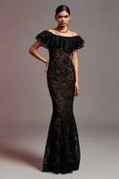 Load image into Gallery viewer, Black Mermaid Lace Off the Shoulder Long Formal Dress with Ruffles