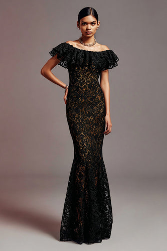 Black Mermaid Lace Off the Shoulder Long Formal Dress with Ruffles