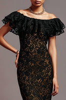 Load image into Gallery viewer, Black Mermaid Lace Off the Shoulder Long Formal Dress with Ruffles