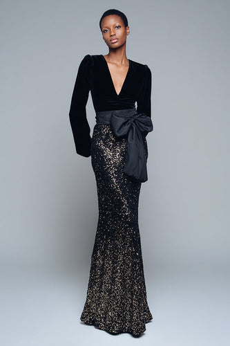Sparkly Black V-Neck Sequins Long Sleeves Holiday Party Dress with Bow