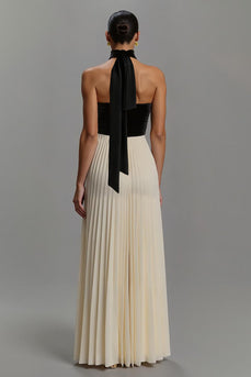 Black and White Neck Scarf Strapless Long Formal Dress with Pleats