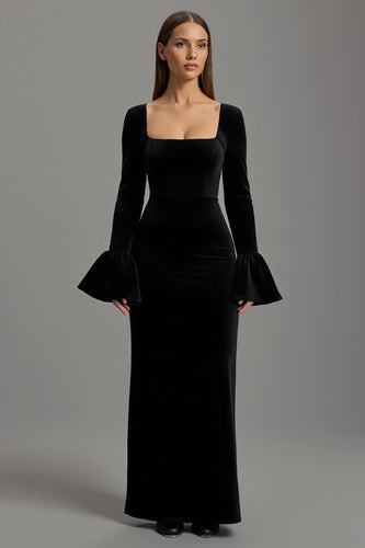 Black Velvet Sheath Square Neck Long Formal Dress with Sleeves