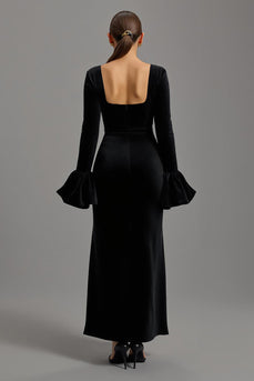 Black Velvet Sheath Square Neck Long Formal Dress with Sleeves