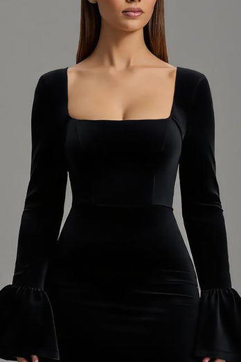 Black Velvet Sheath Square Neck Long Formal Dress with Sleeves
