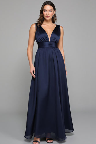 Navy A Line Deep V Neck Long Formal Dress