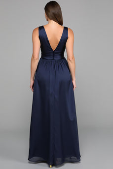 Navy A Line Deep V Neck Long Formal Dress
