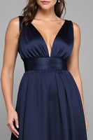Load image into Gallery viewer, Navy A Line Deep V Neck Long Formal Dress