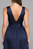Load image into Gallery viewer, Navy A Line Deep V Neck Long Formal Dress