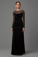 Load image into Gallery viewer, Black Sheath Velvet Illusion Neck Long Formal Dress with Sleeves