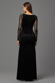 Black Sheath Velvet Illusion Neck Long Formal Dress with Sleeves