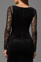 Load image into Gallery viewer, Black Sheath Velvet Illusion Neck Long Formal Dress with Sleeves
