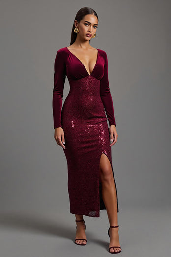 Sparkly Burgundy Sheath Sequins Long Sleeves Formal Dress with Slit