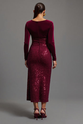 Sparkly Burgundy Sheath Sequins Long Sleeves Formal Dress with Slit