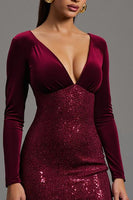 Load image into Gallery viewer, Sparkly Burgundy Sheath Sequins Long Sleeves Formal Dress with Slit
