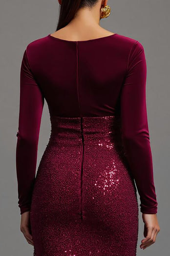 Sparkly Burgundy Sheath Sequins Long Sleeves Formal Dress with Slit