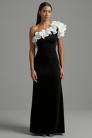 Load image into Gallery viewer, Black and White One Shoulder Ruffled Long Formal Dress